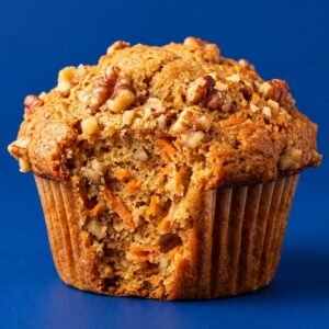 muffin, carrot, walnuts, baked, dessert, snack, food, sweet, pastry, moist, healthy, spiced, cinnamon, crumbly, napkin, baking, blue background, delicious, homemade, golden
